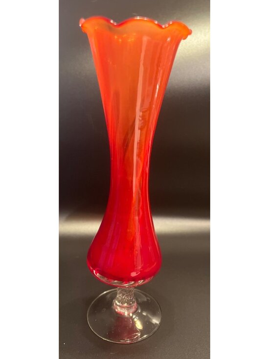 Unknown Other - Vtg Amberina Art Glass Bud Vase Twisted Stem Ruffled Top Handblown 8"